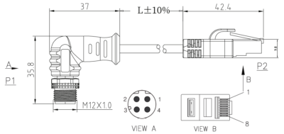 M12 Right Angle Male to RJ45 Cable, M12 4 Position D-Coded Male/RJ45 Cable, Foil Shielded