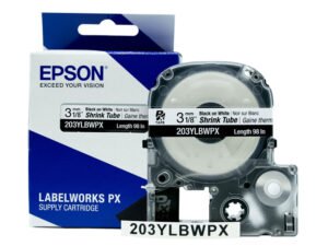 203YLBWPX — Epson LabelWorks 3mm 1/8" AWG 16-22 Black on White Shrink Tube 98"