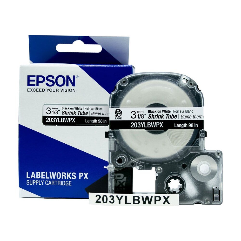 203YLBWPX — Epson LabelWorks 3mm 1/8" AWG 16-22 Black on White Shrink Tube 98"