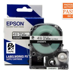 204BWPX — Epson LabelWorks 4mm 1/6" x 30' Black on White PET Tape