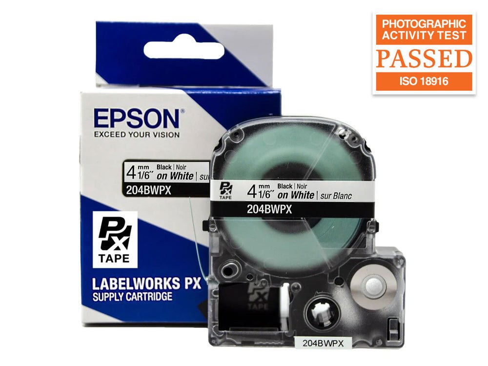 204BWPX — Epson LabelWorks 4mm 1/6" x 30' Black on White PET Tape