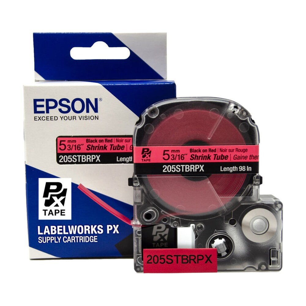 205STBRPX — Epson LabelWorks 5mm 3/16" AWG 8-12 Black on Red Shrink Tube 98"
