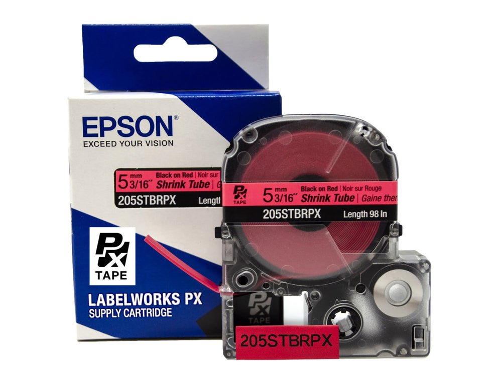 205STBRPX — Epson LabelWorks 5mm 3/16" AWG 8-12 Black on Red Shrink Tube 98"