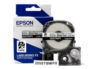 205STBWPX — Epson LabelWorks 5mm 3/16" AWG 8-12 Black on White Shrink Tube 98"