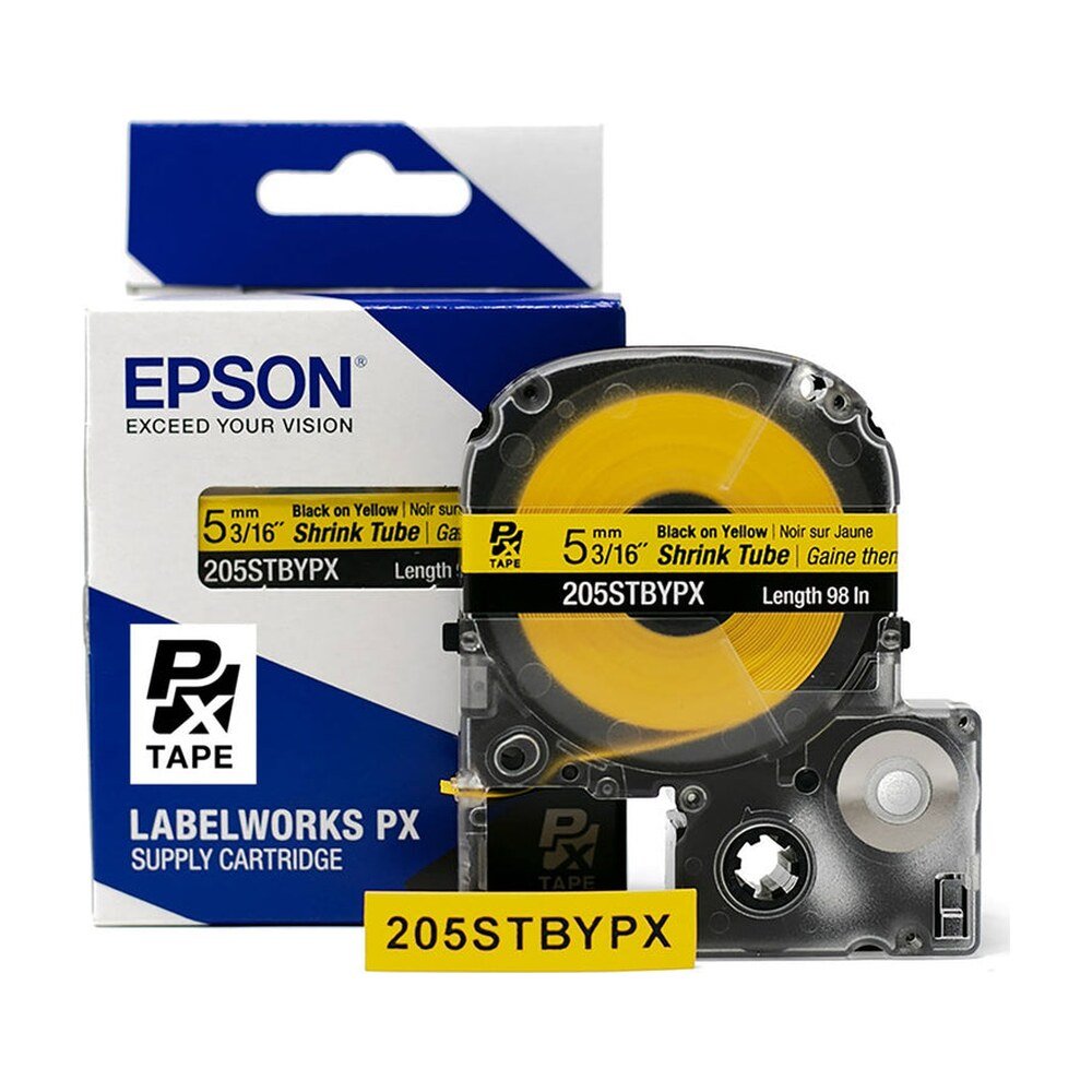 205STBYPX — Epson LabelWorks 5mm 3/16" AWG 8-12 Black on Yellow Shrink Tube 98"