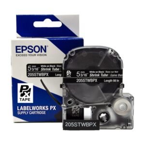 205STWBPX — Epson LabelWorks 5mm 3/16" AWG 8-12 White on Black Shrink Tube 98"