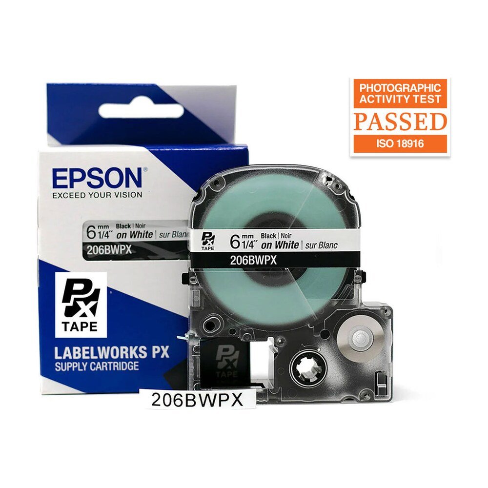 206BWPX — Epson LabelWorks 6mm 1/4" x 30' Black on White PET Tape