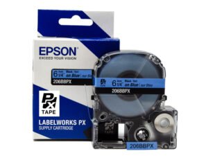 206BBPX — Epson LabelWorks 6mm 1/4" x 30' Black on Blue PET Tape