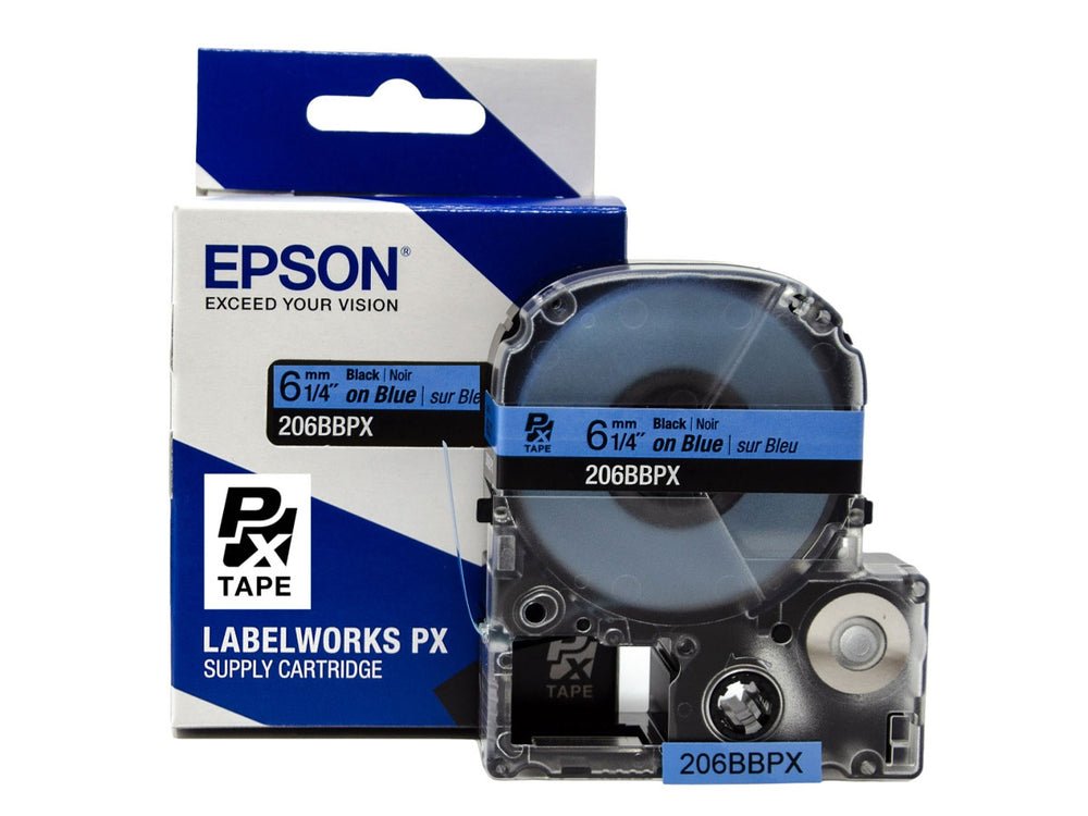 206BBPX — Epson LabelWorks 6mm 1/4" x 30' Black on Blue PET Tape