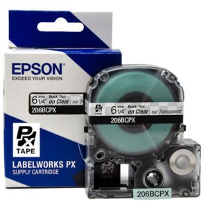 206BCPX — Epson LabelWorks 6mm 1/4" x 30' Black on Clear PET Tape