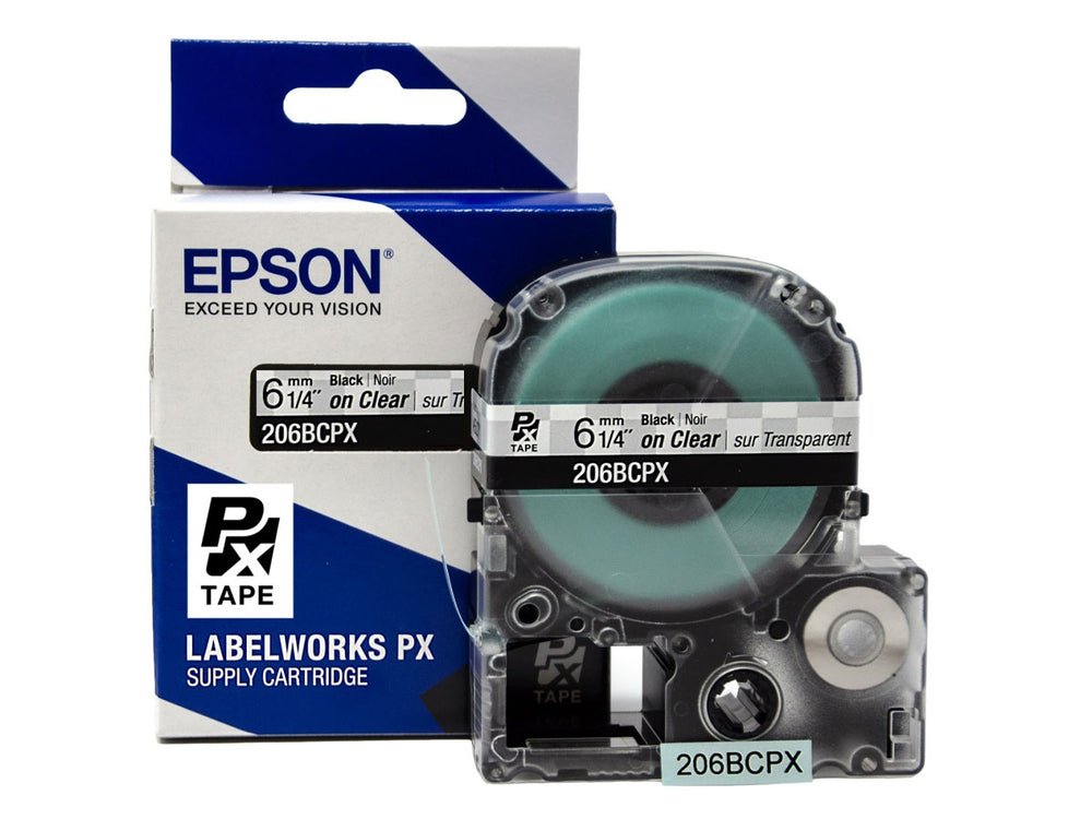 206BCPX — Epson LabelWorks 6mm 1/4" x 30' Black on Clear PET Tape