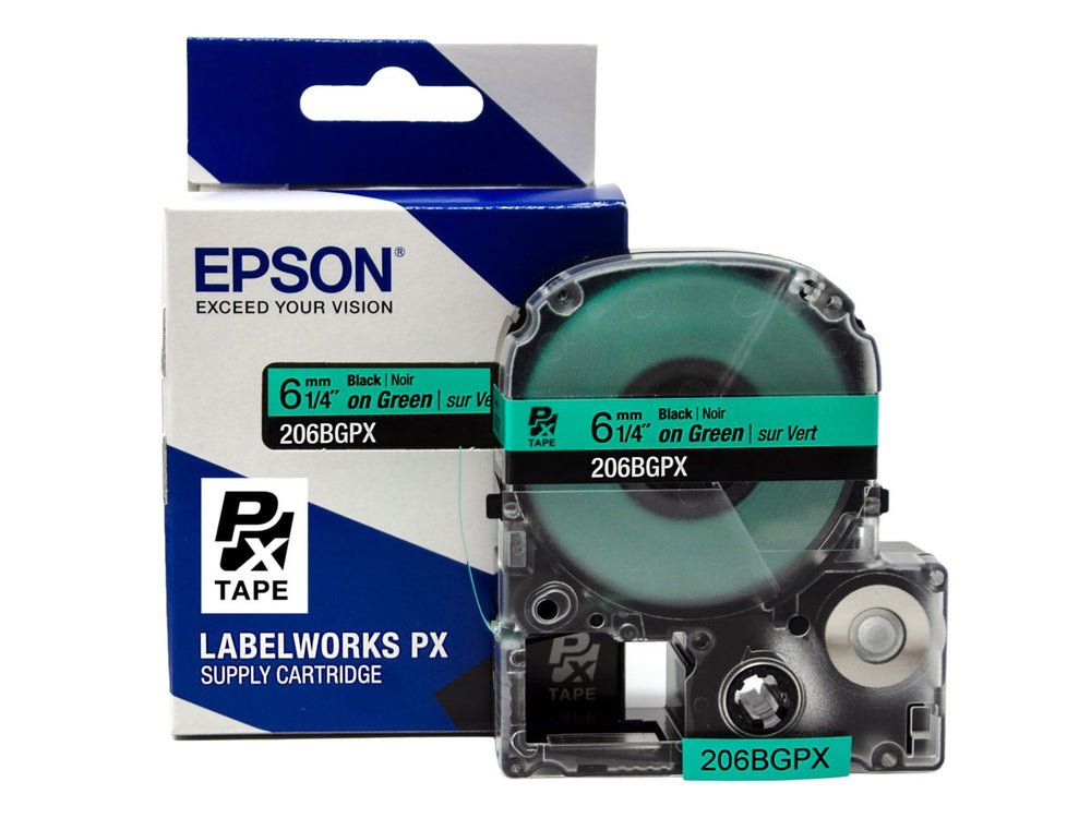 206BGPX — Epson LabelWorks 6mm 1/4" x 30' Black on Green PET Tape
