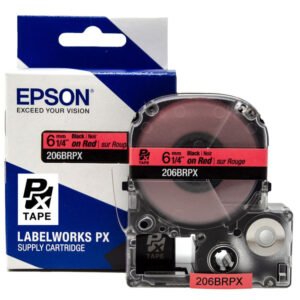 206BRPX — Epson LabelWorks 6mm 1/4" x 30' Black on Red PET Tape