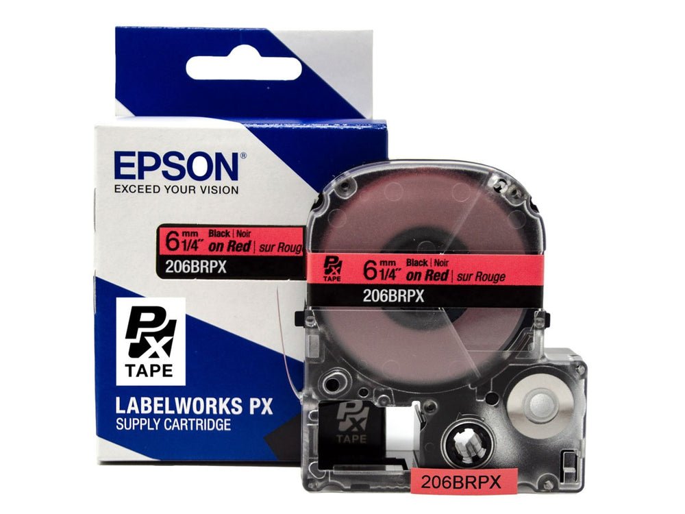 206BRPX — Epson LabelWorks 6mm 1/4" x 30' Black on Red PET Tape