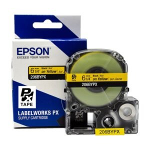 206BYPX — Epson LabelWorks 6mm 1/4" x 30' Black on Yellow PET Tape