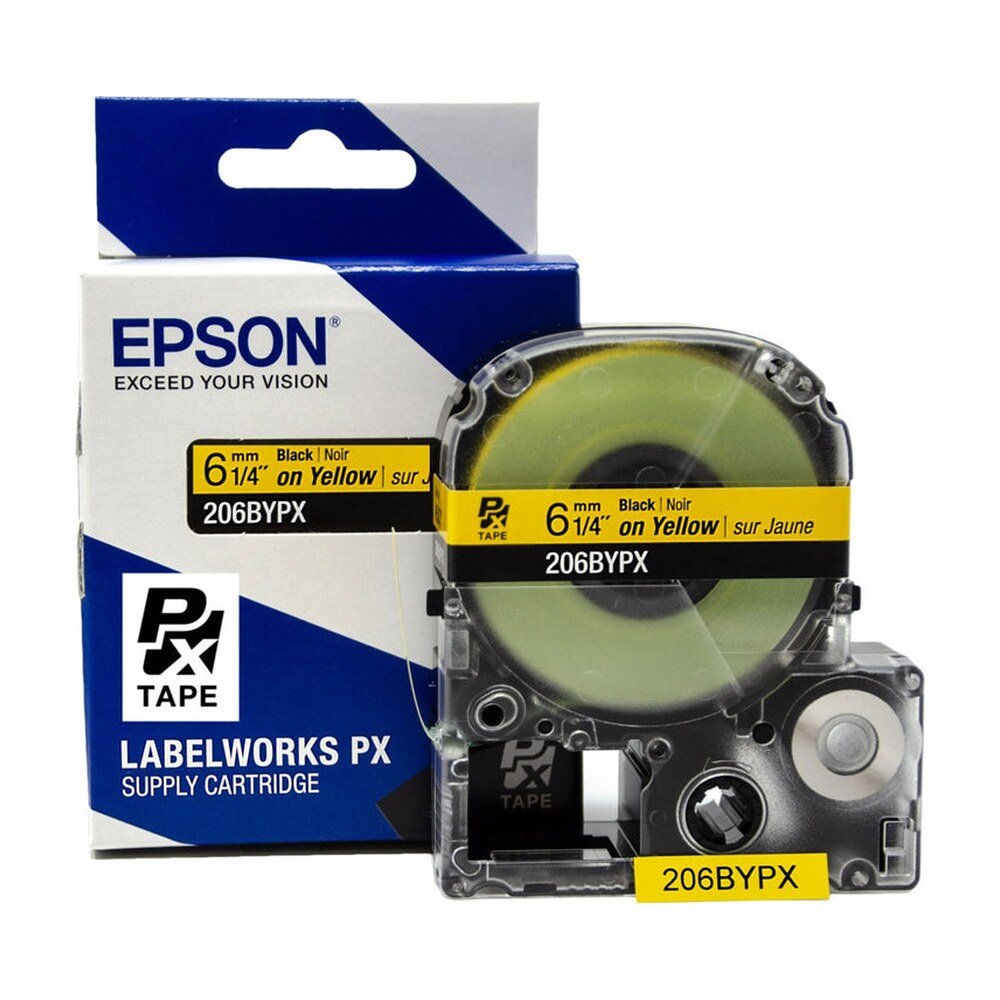 206BYPX — Epson LabelWorks 6mm 1/4" x 30' Black on Yellow PET Tape