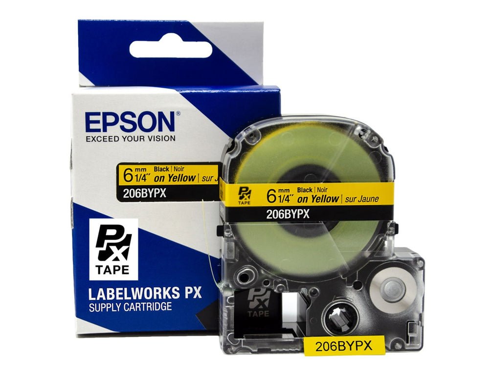 206BYPX — Epson LabelWorks 6mm 1/4" x 30' Black on Yellow PET Tape