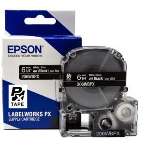 206WBPX — Epson LabelWorks 6mm 1/4" x 30' White on Black PET Tape