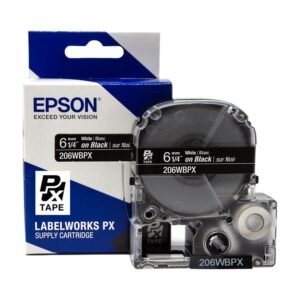 206WBPX — Epson LabelWorks 6mm 1/4" x 30' White on Black PET Tape