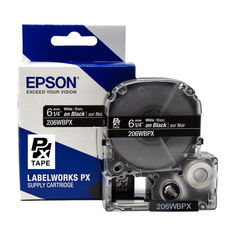 206WBPX — Epson LabelWorks 6mm 1/4" x 30' White on Black PET Tape