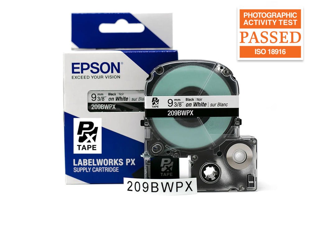 209BWPX — Epson LabelWorks 9mm 3/8" x 30' Black on White PET Tape