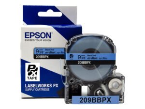 209BBPX — Epson LabelWorks 9mm 3/8" x 30' Black on Blue PET Tape
