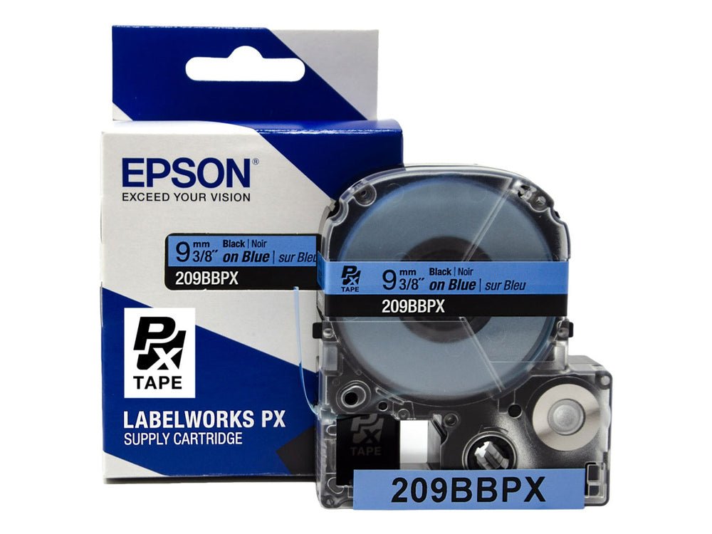 209BBPX — Epson LabelWorks 9mm 3/8" x 30' Black on Blue PET Tape