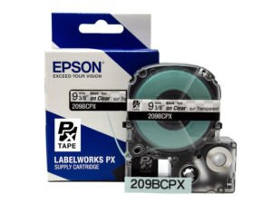 209BCPX — Epson LabelWorks 9mm 3/8" x 30' Black on Clear PET Tape