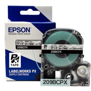 209BCPX — Epson LabelWorks 9mm 3/8" x 30' Black on Clear PET Tape