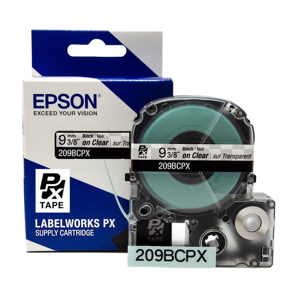 209BCPX — Epson LabelWorks 9mm 3/8" x 30' Black on Clear PET Tape