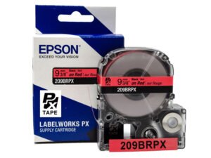 209BRPX — Epson LabelWorks 9mm 3/8" x 30' Black on Red PET Tape