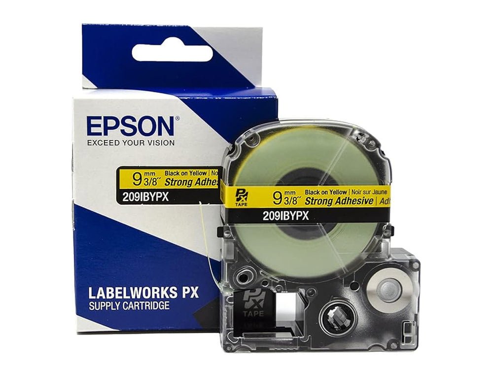 209IBYPX — Epson LabelWorks 9mm 3/8" x 30' Black on Yellow PET Tape Strong Adhesive