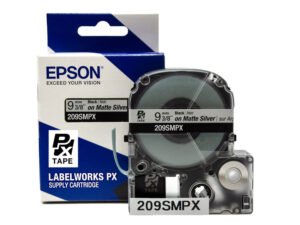 209SMPX — Epson LabelWorks 9mm 3/8" x 30' Black on Silver Matte PET Tape