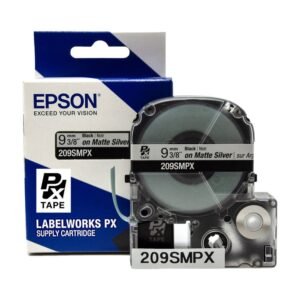209SMPX — Epson LabelWorks 9mm 3/8" x 30' Black on Silver Matte PET Tape