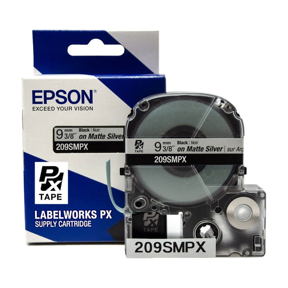 209SMPX — Epson LabelWorks 9mm 3/8" x 30' Black on Silver Matte PET Tape