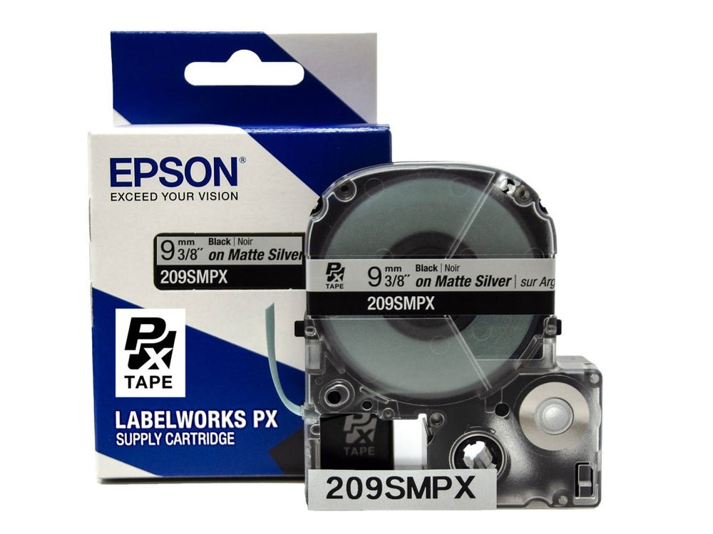 209SMPX — Epson LabelWorks 9mm 3/8" x 30' Black on Silver Matte PET Tape
