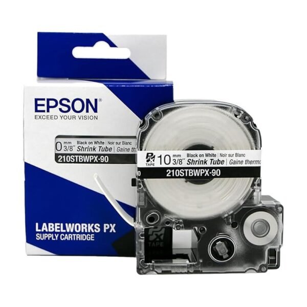 210STBWPX-90 — Epson LabelWorks 10mm 3/8″ AWG 4-12 Black on White Shrink Tube 90″