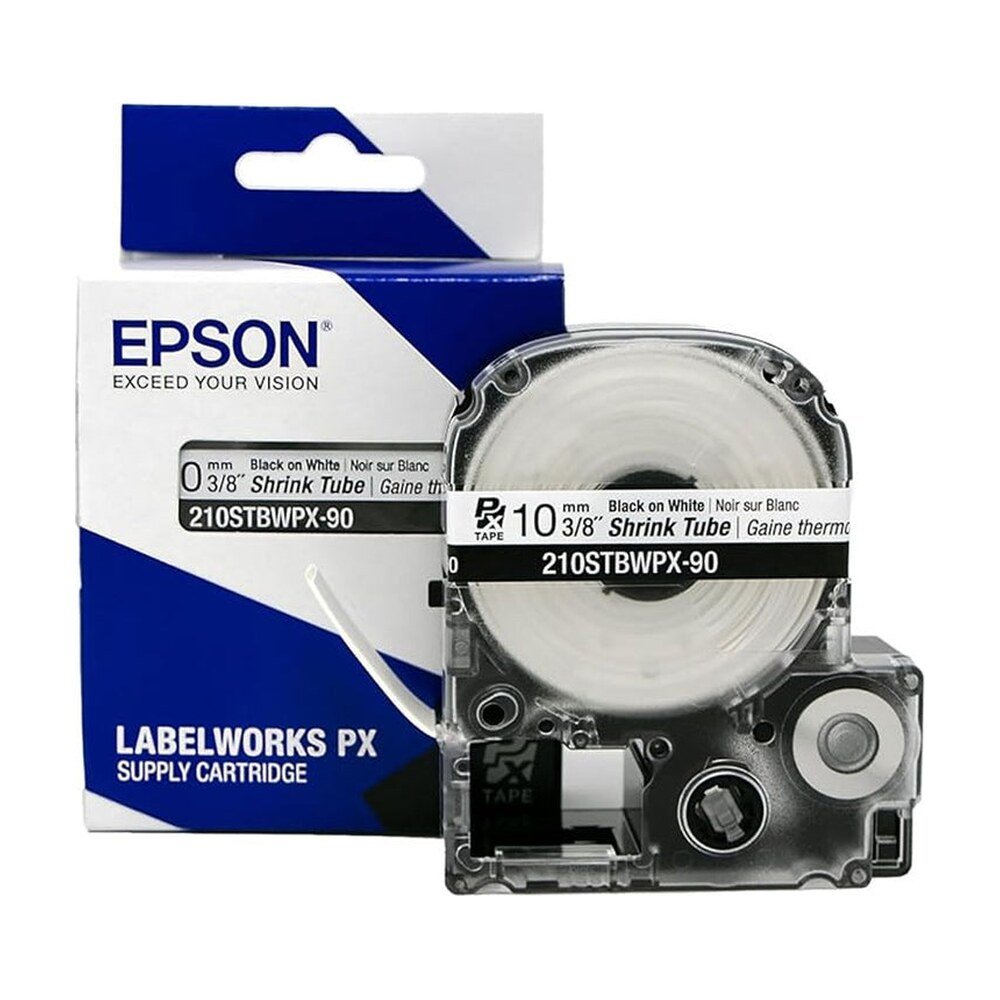 210STBWPX-90 — Epson LabelWorks 10mm 3/8" AWG 4-12 Black on White Shrink Tube 90"