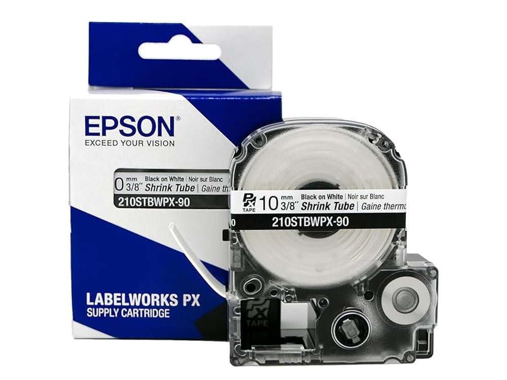210STBWPX-90 — Epson LabelWorks 10mm 3/8" AWG 4-12 Black on White Shrink Tube 90"