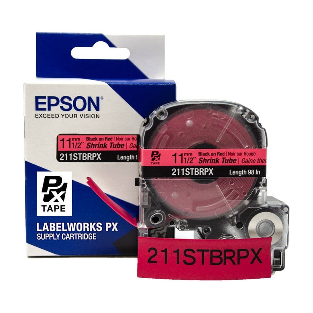 211STBRPX — Epson LabelWorks 11mm 1/2" AWG 2-8 Black on Red Shrink Tube 98"