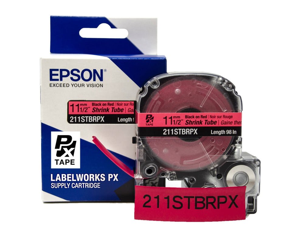 211STBRPX — Epson LabelWorks 11mm 1/2" AWG 2-8 Black on Red Shrink Tube 98"