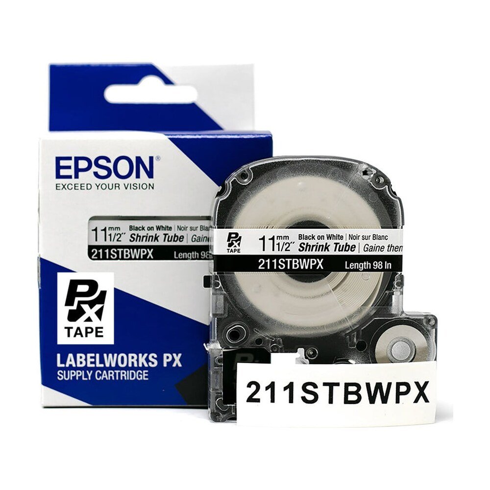 211STBWPX — Epson LabelWorks 11mm 1/2" AWG 2-8 Black on White Shrink Tube 98"