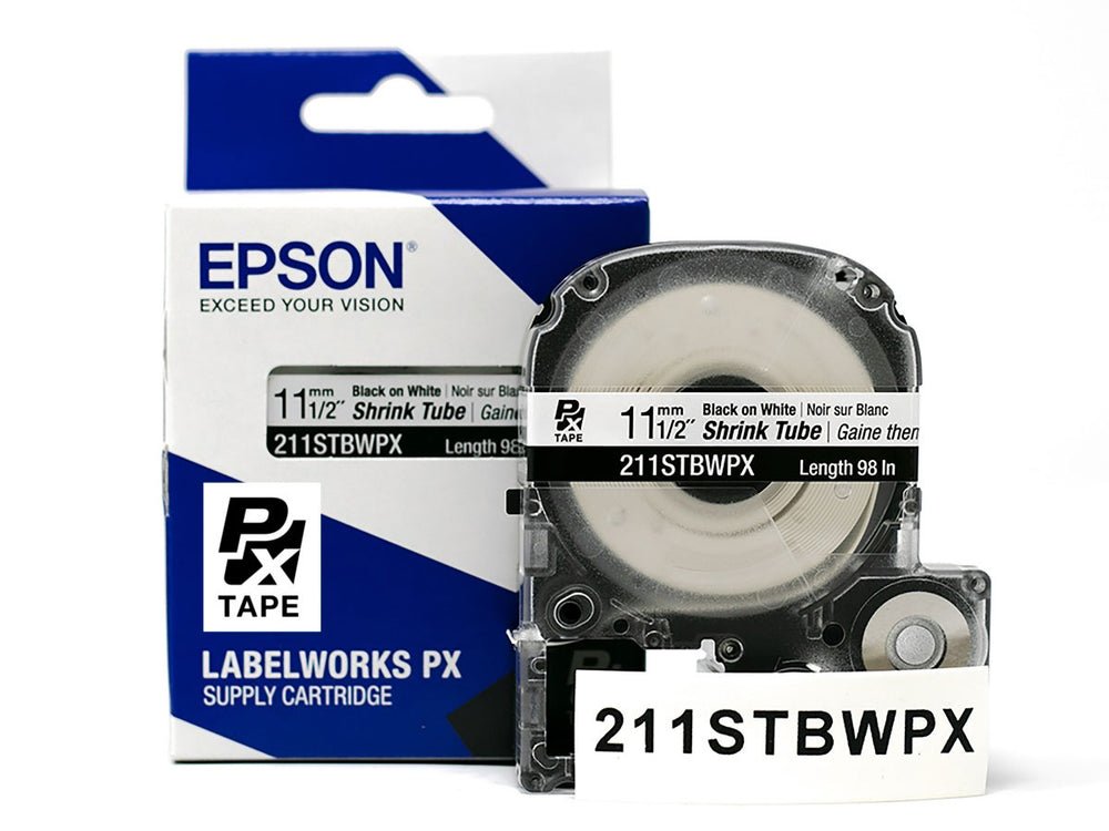 211STBWPX — Epson LabelWorks 11mm 1/2" AWG 2-8 Black on White Shrink Tube 98"