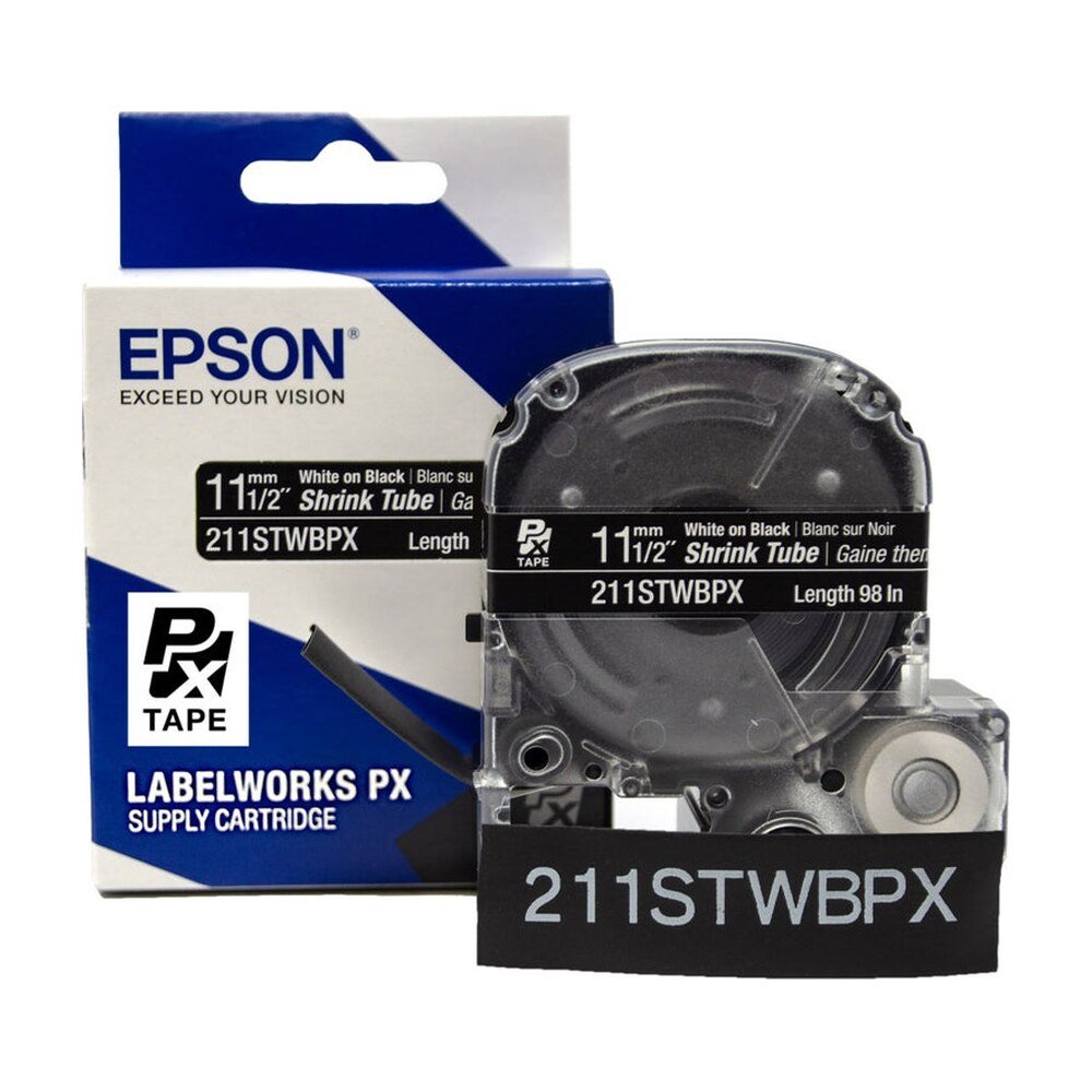 211STWBPX — Epson LabelWorks 11mm 1/2" AWG 2-8 White on Black Shrink Tube 98"