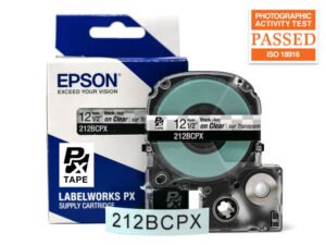 212BCPX — Epson LabelWorks 12mm 1/2" x 30' Black on Clear PET Tape