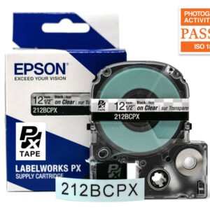 212BCPX — Epson LabelWorks 12mm 1/2" x 30' Black on Clear PET Tape