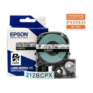 212BCPX — Epson LabelWorks 12mm 1/2" x 30' Black on Clear PET Tape