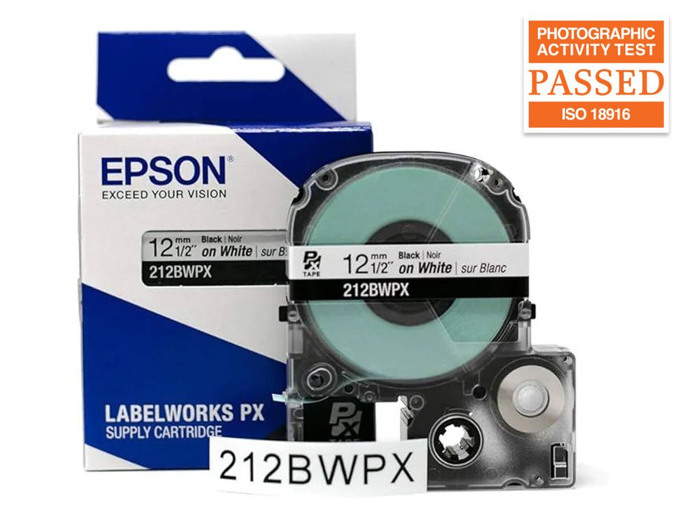 212BWPX — Epson LabelWorks 12mm 1/2" x 30' Black on White PET Tape