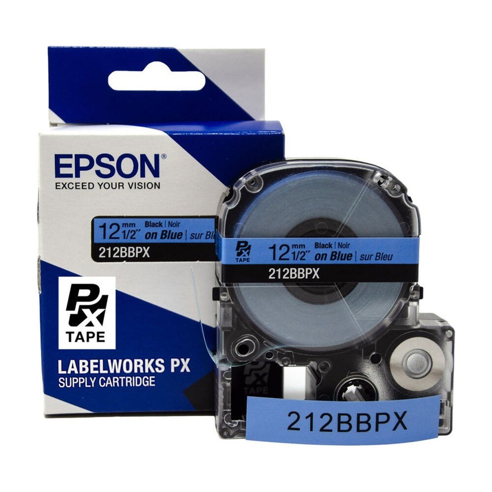 212BBPX — Epson LabelWorks 12mm 1/2" x 30' Black on Blue PET Tape