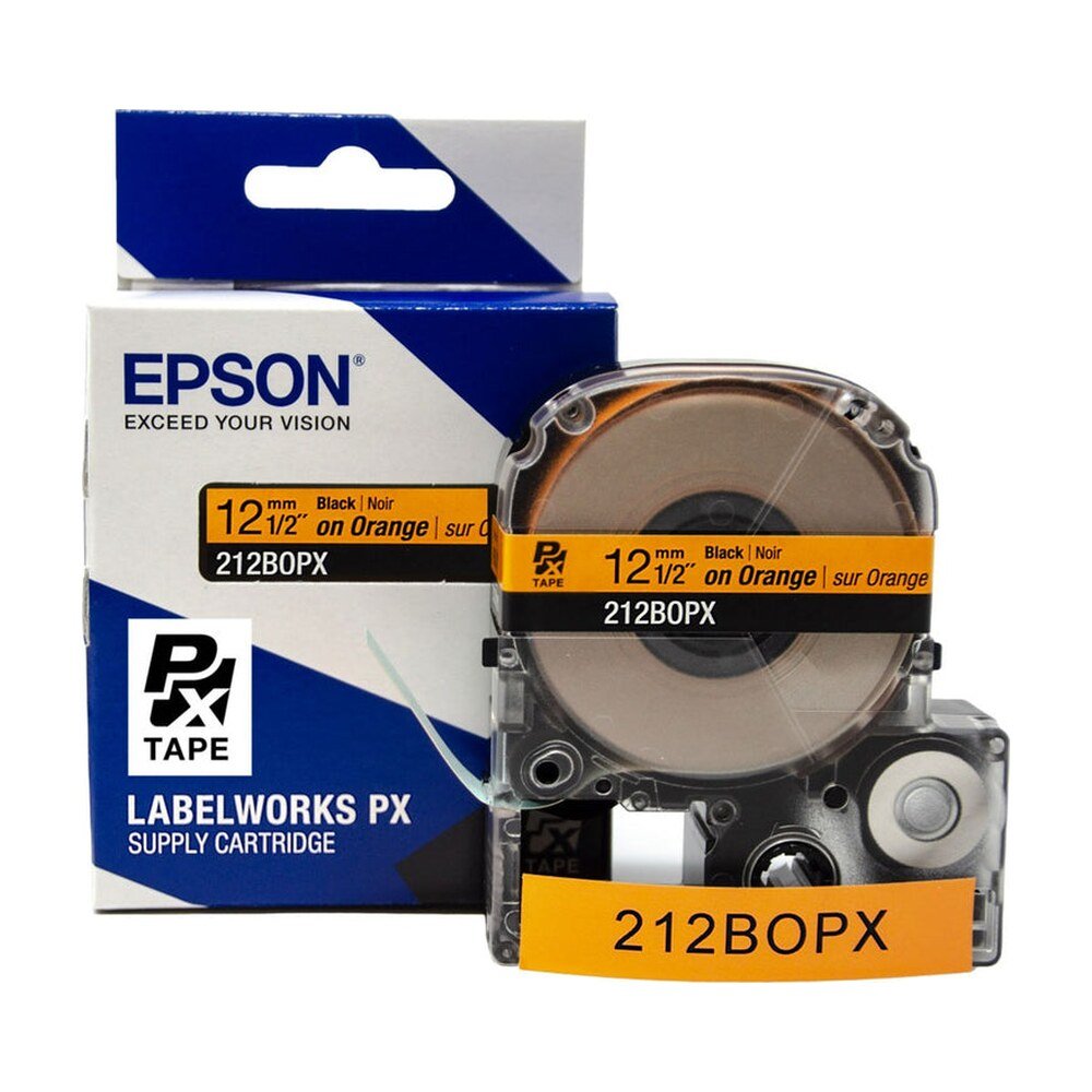 212BOPX — Epson LabelWorks 12mm 1/2" x 30' Black on Orange PET Tape